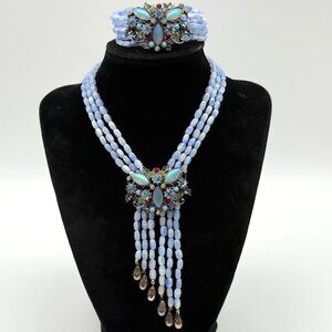 Vtg Florenza Glass Bead Multi Strand Necklace Bracelet Set Rhinestone Colorful